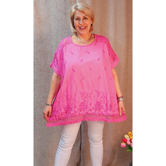Elegáns hímzett, csipke vállas és aljú blúz- MAGENTA - 48-52 méret