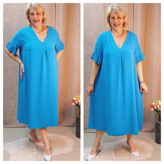Rakott ujjú MAXI ruha - Türkiz - 48-54 méret