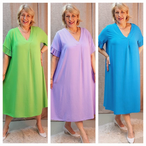 Rakott ujjú MAXI ruha - Türkiz - 48-54 méret