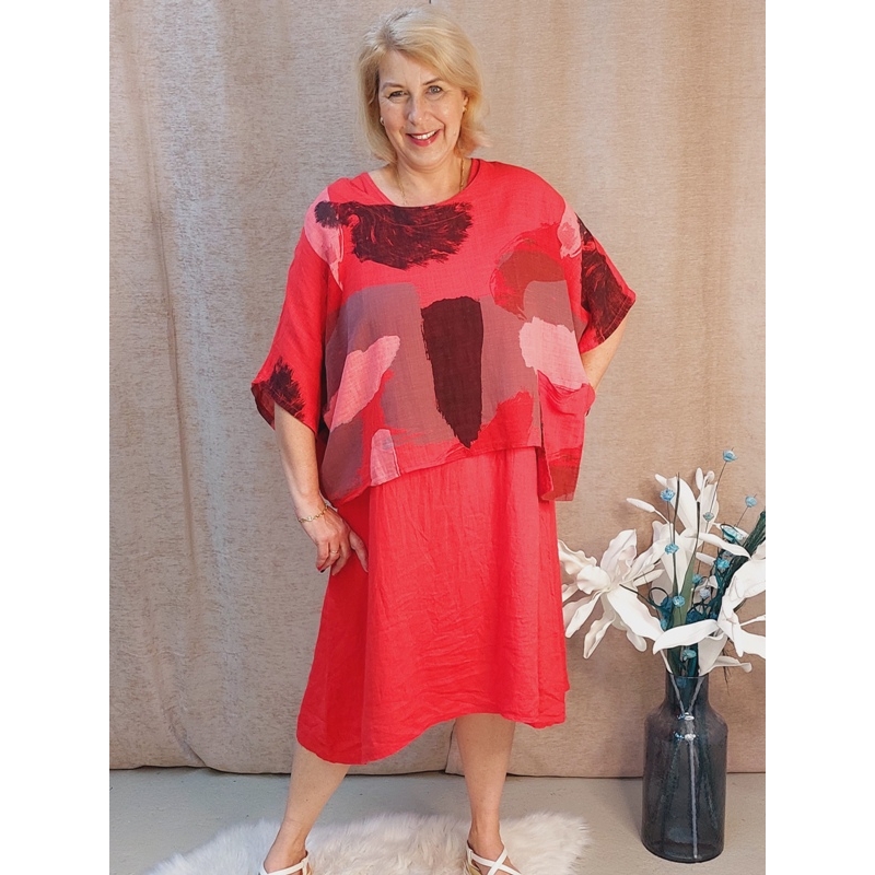 Kétrészes - piros - lenvászon ruha 48-52-es méretig
