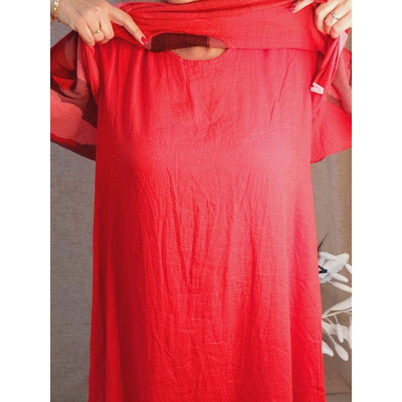 Kétrészes - piros - lenvászon ruha 48-52-es méretig