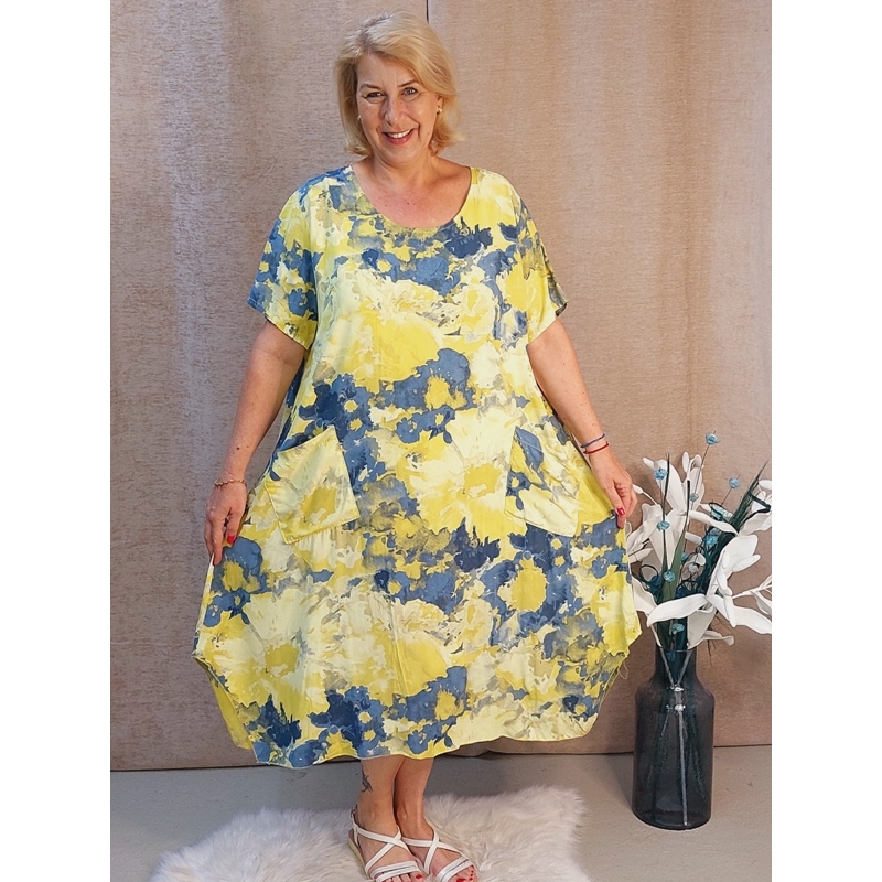 Sárga - kék festékpamacsos - ruha 50-54-es méretig