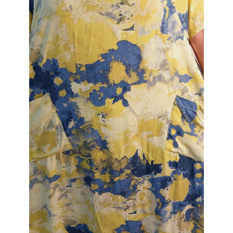 Sárga - kék festékpamacsos - ruha 50-54-es méretig